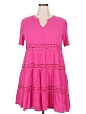 Kate & Sam Dress Women Hot Pink Embroidery. Size M. Short Sleeve And Lined